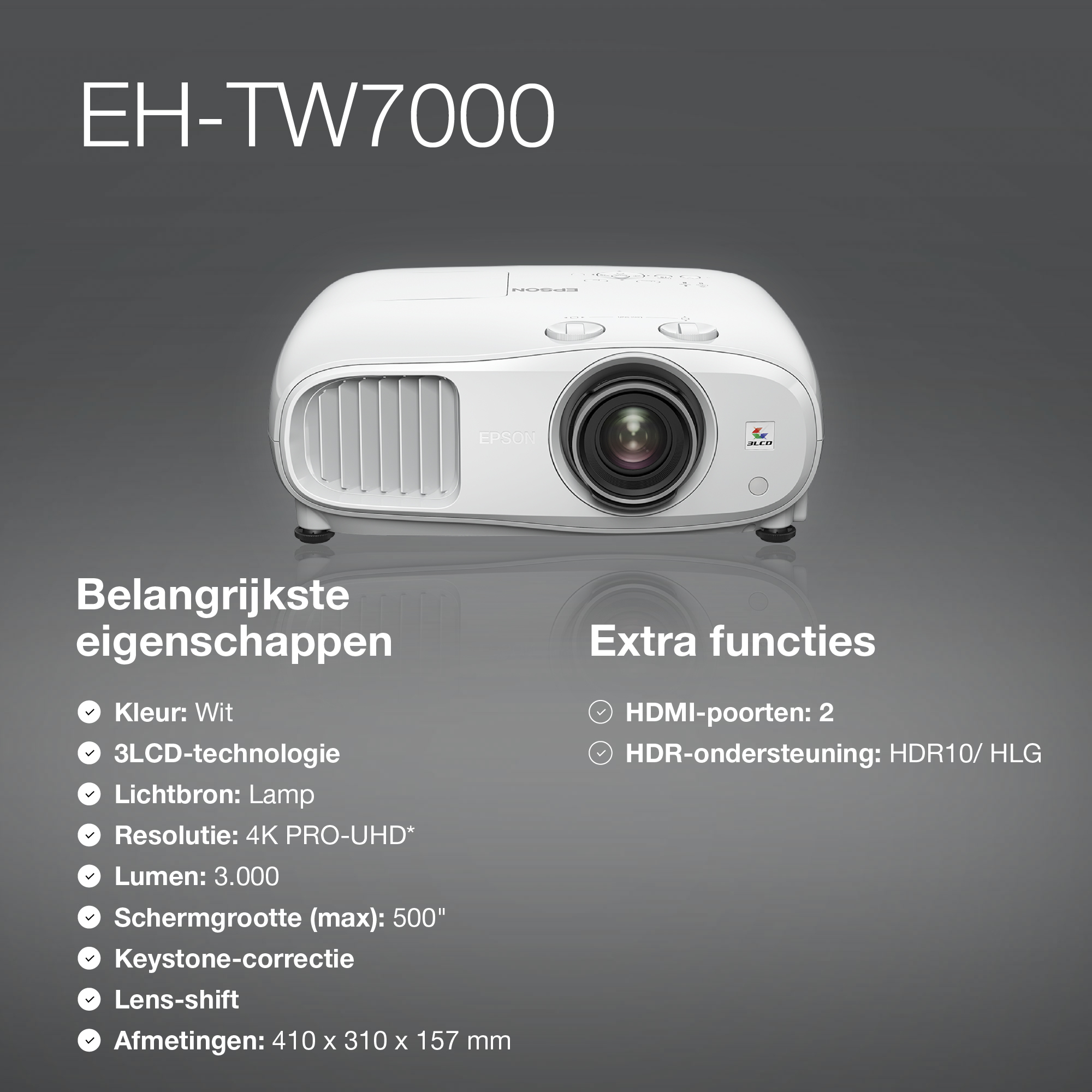 Epson EH-TW7000 4K PRO-UHD-projector, 3000 lumen, scherm van maximaal 500 inch - Afbeelding 6
